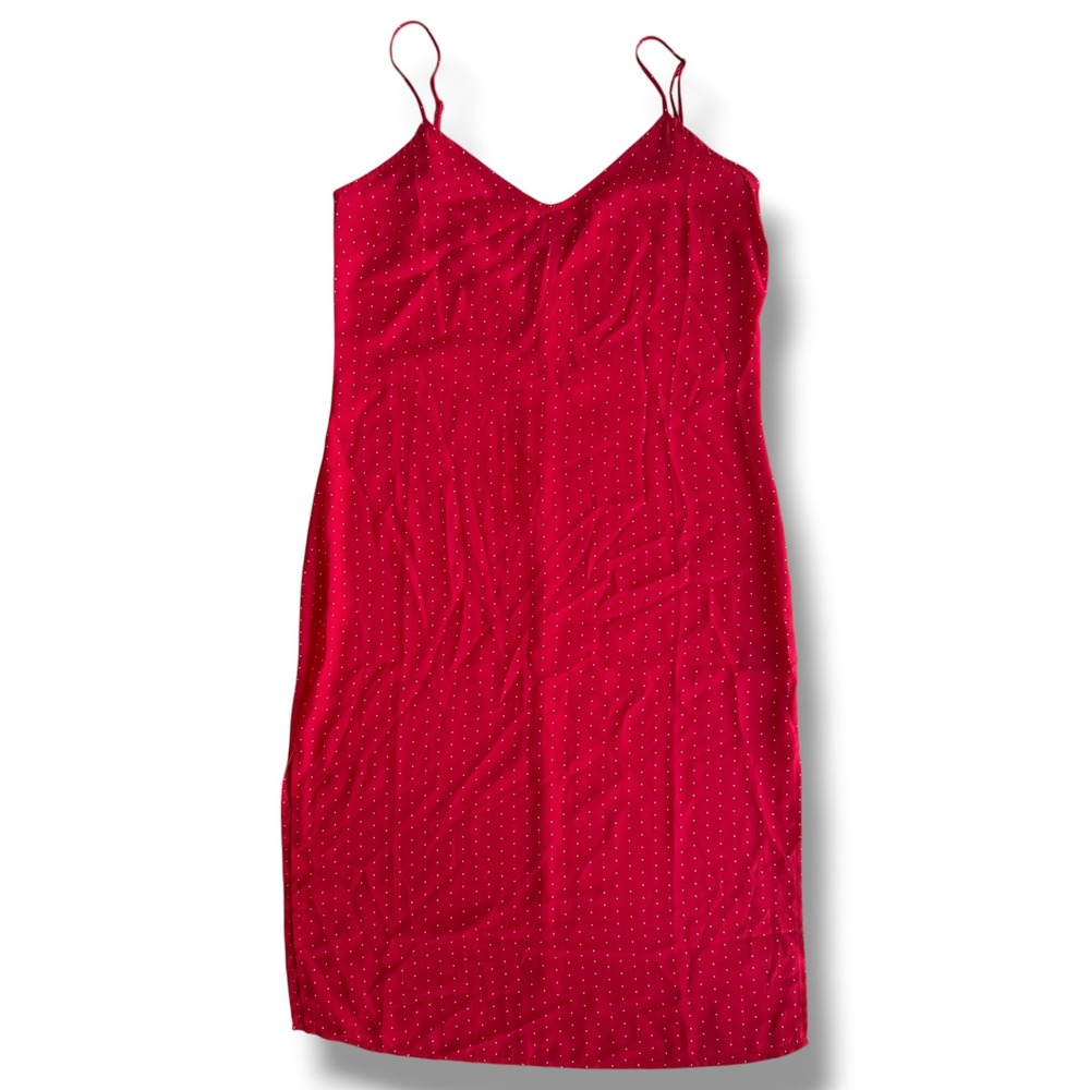 Lulus Womens S Red White Polka Dot V-Neck Adjustable Straps Midi Slip Dress Chic - Picture 1 of 15